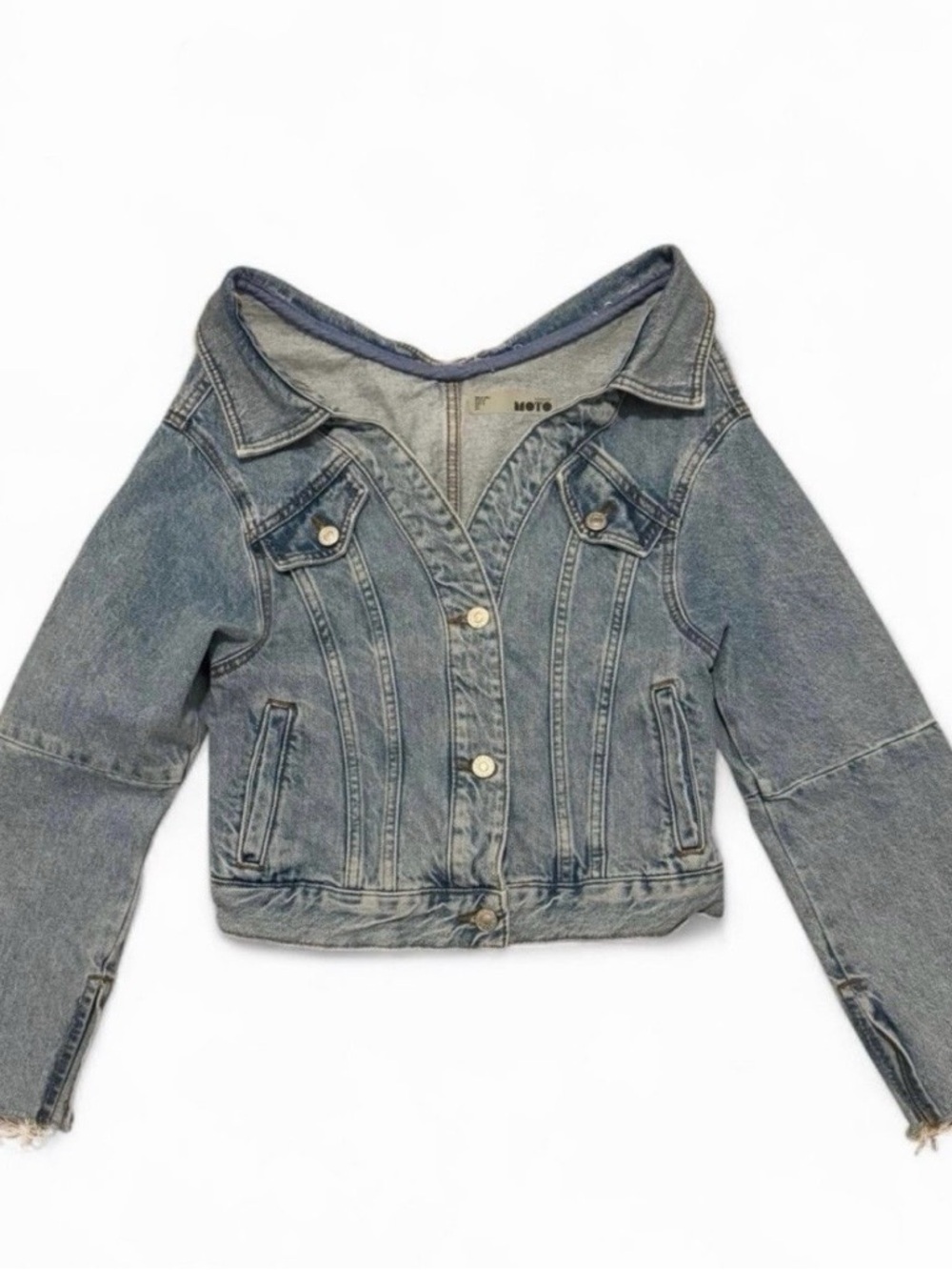 Topshop blue denim off the shoulder button up jacket